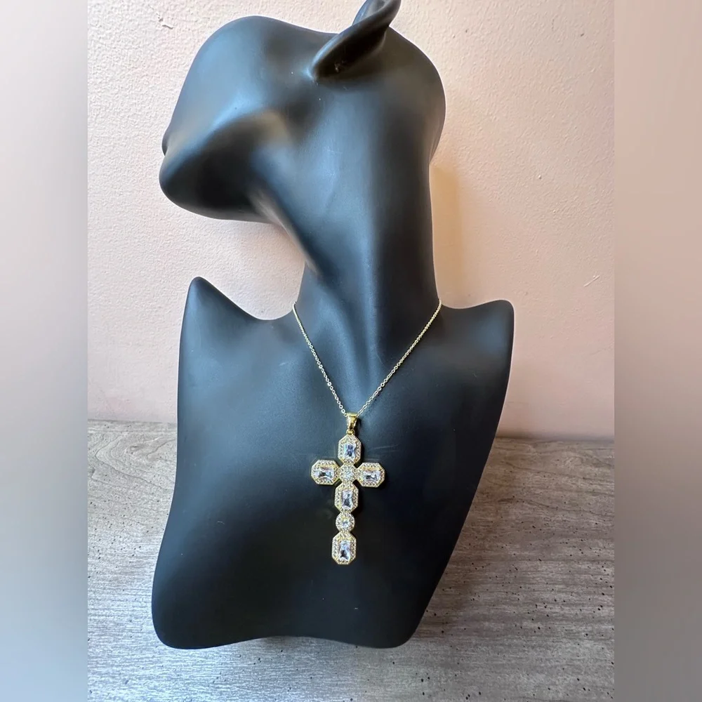 Gold Cross With CZ Pendant Necklace. 16” Chain. - Picture 3 of 5